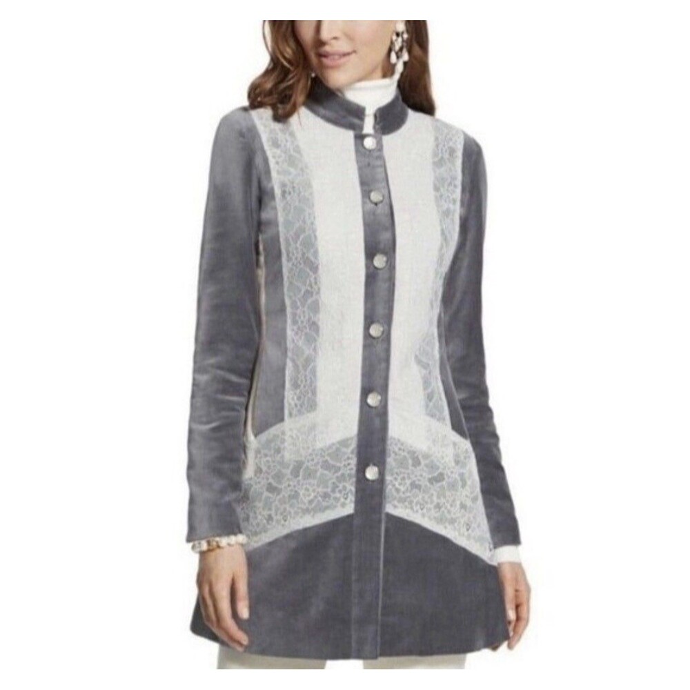 Chico's Silver Treasure Artisan Lace Gray Velvet Jacket 2 L 12 14